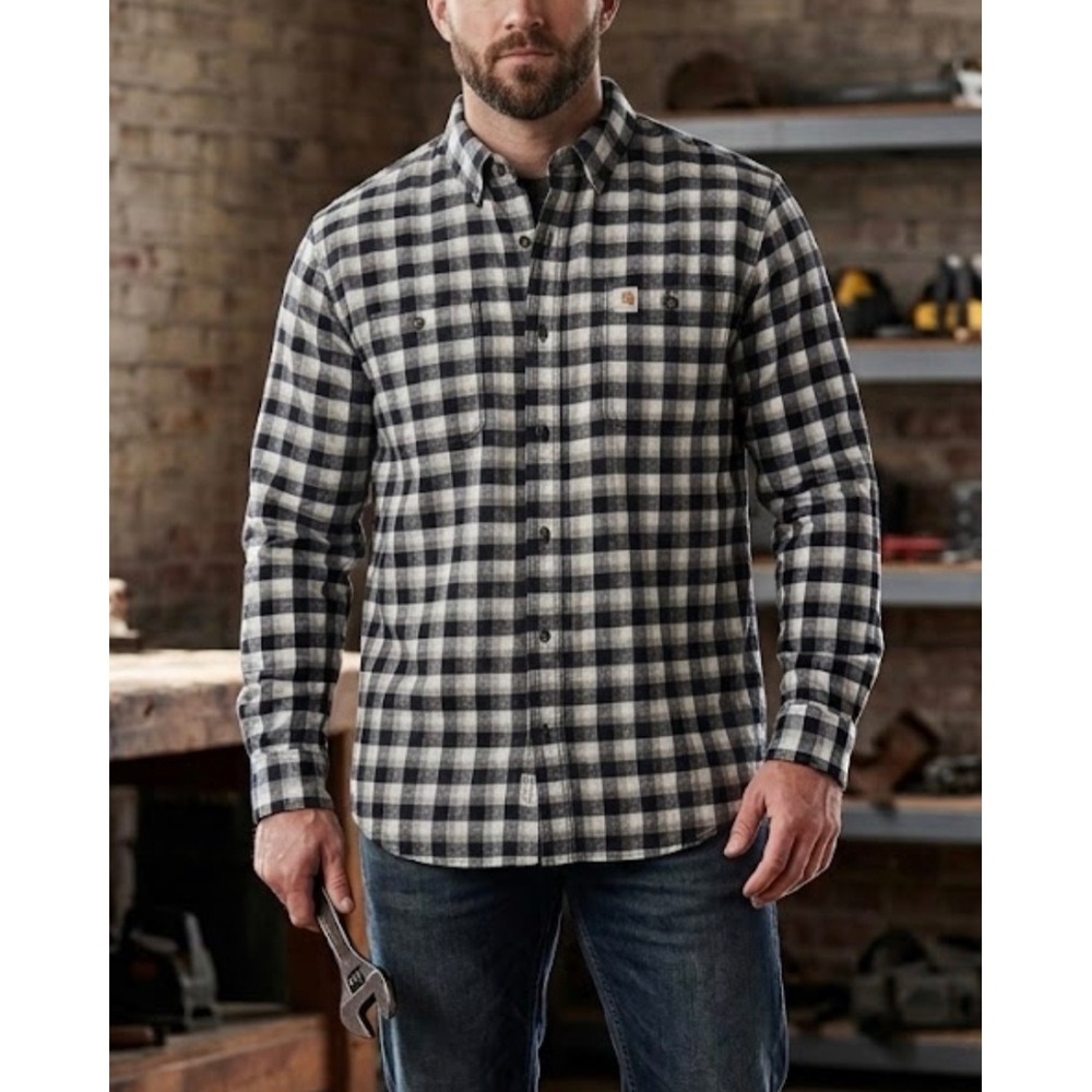 Carhartt Mens XL Tall Relaxed Fit Buffalo Plaid Flannel Shirt Black White Check
